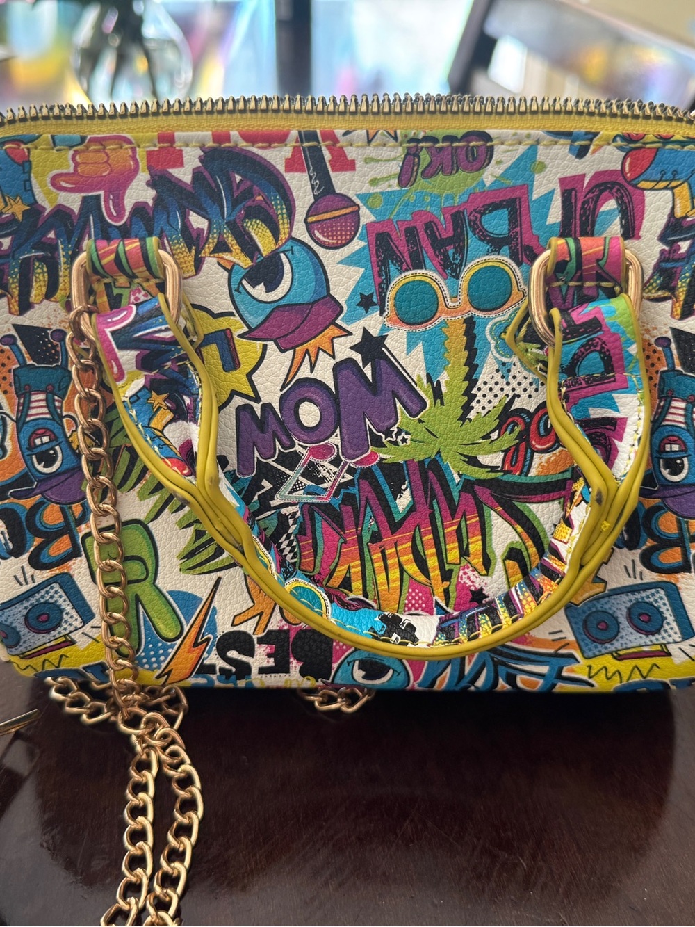 Colorful Graffiti Print Satchel Handbag - Yellow Accent - Picture 1 of 4